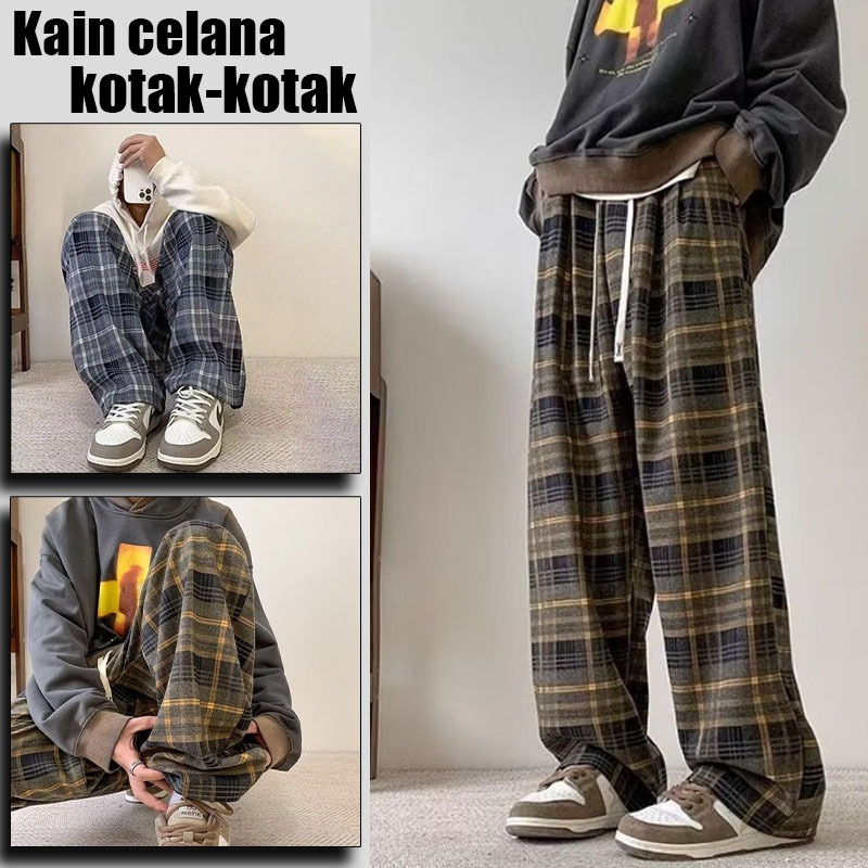 Celana Kotak-kotak Pria Celana pria panjang baggy korean style straight loose kulot motif kotak kota
