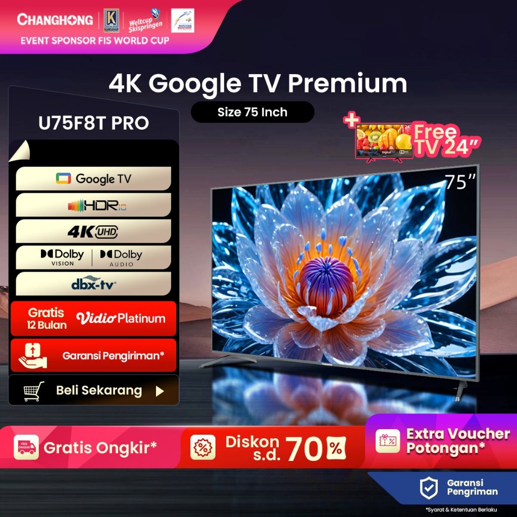 【Beli TV Gratis TV】Google TV Changhong 75 Inch 4K  UHD Smart Digital LED TV-Google Assistant-UHD-Wif