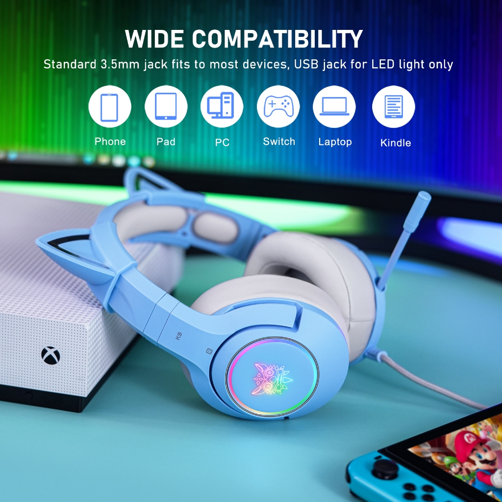 ONIKUMA K9 Telpon permainan Biru Merah Gradien Audio musik RGB kualitas tinggi pencahayaan RGB Lapto