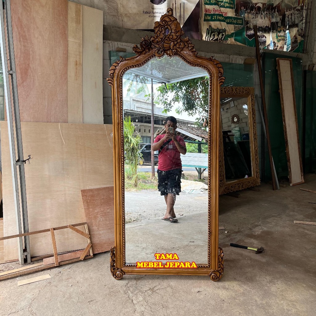 Cermin Kaca Standing FULL BODY Frame Kayu Jati / Cermin Dinding Murah / Cermin Full Body Motif Ukir