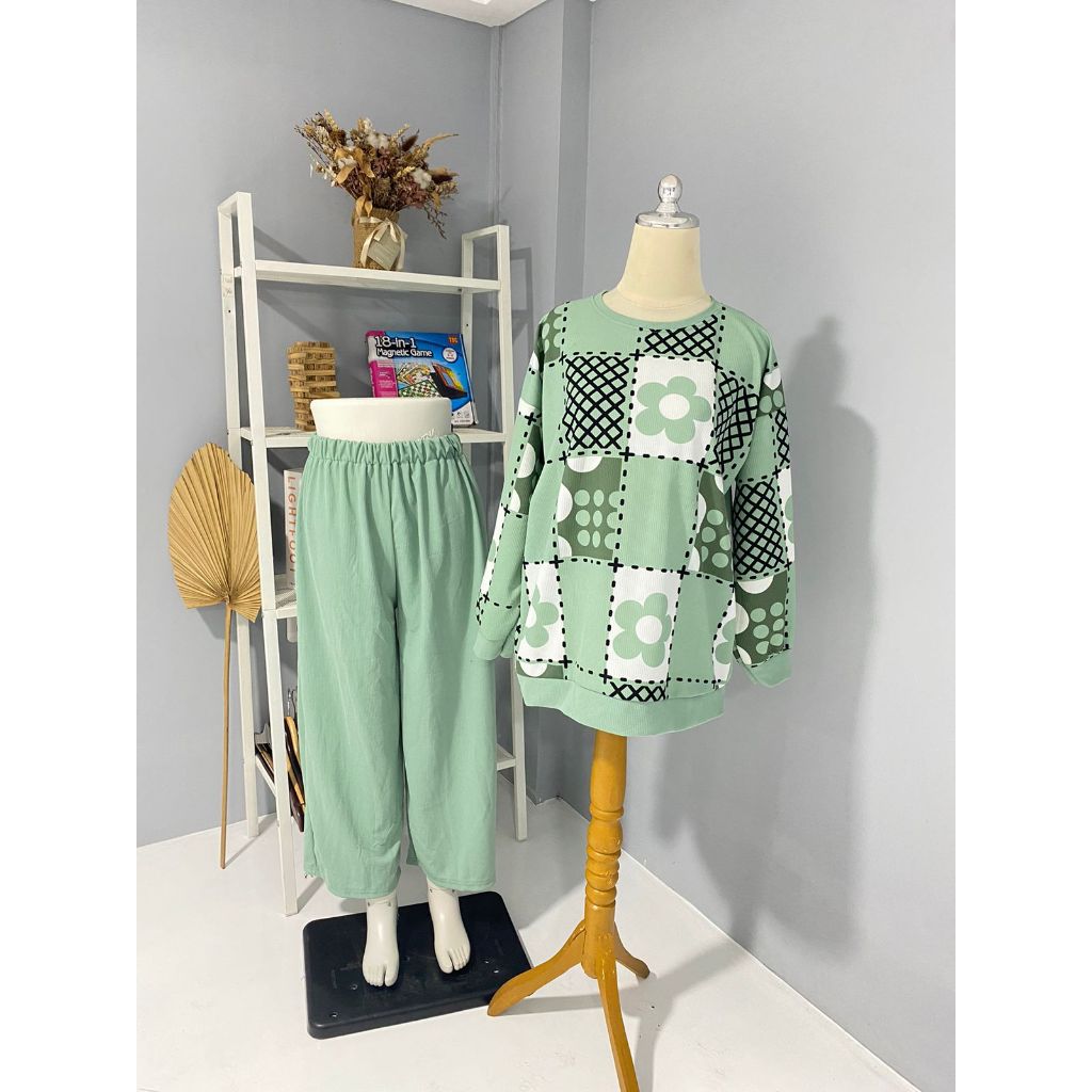 ALONA STORE SETELAN WANITA LENGAN PANJANG MOTIF BUNGA MODEL KOREA AESTHETIC BAHAN KNIT BAJU SANTAI S