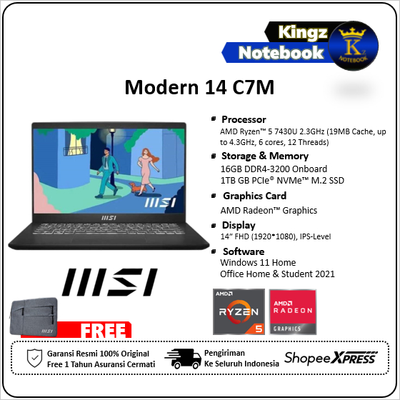MSI Modern 14 C7M Ryzen 5 7430U 16GB 512GB Win11+OHS 14" FHD