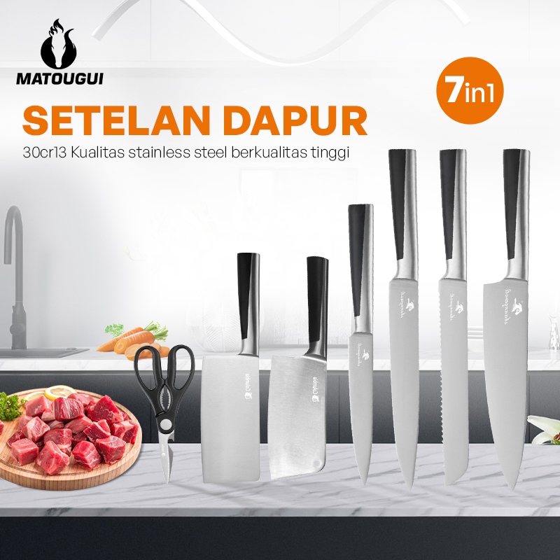 MATOUGUI Set Pisau Dapur 7 Pcs Pisau Roti Pisau Daging Pisau Tulang Pisau Buah Stainless Steel Tajam