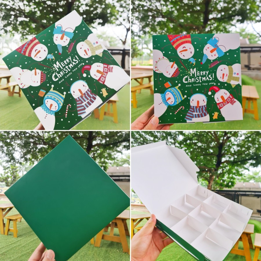 (12 Pcs) Dus natal sekat 9 kotak eggtart motif snowman model dus sambung ukuran 22 x 22 x 4.5 cm