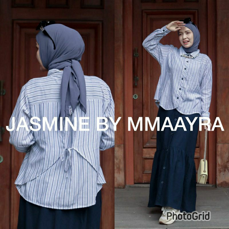 jasmine by mmaayra setelan atasan dan rok kemeja katun salur baju kuliah kerja kampus ootd hijab baj