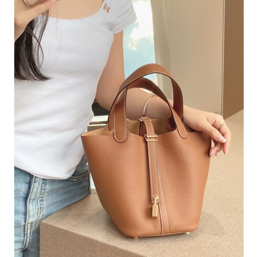Picotin18/22cm Kulit Asli Bag Bucket Hand Bag Tas wanita serbaguna temperamen warna solid