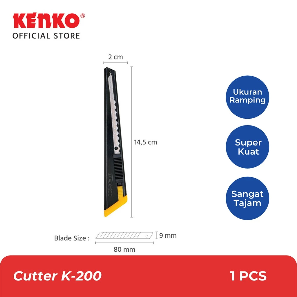 

Cutter Kenko K 200 Pisau Pemotong Kertas / Dus / Lakban / Plastik A 300 (9 Mm Blade) Original 100%