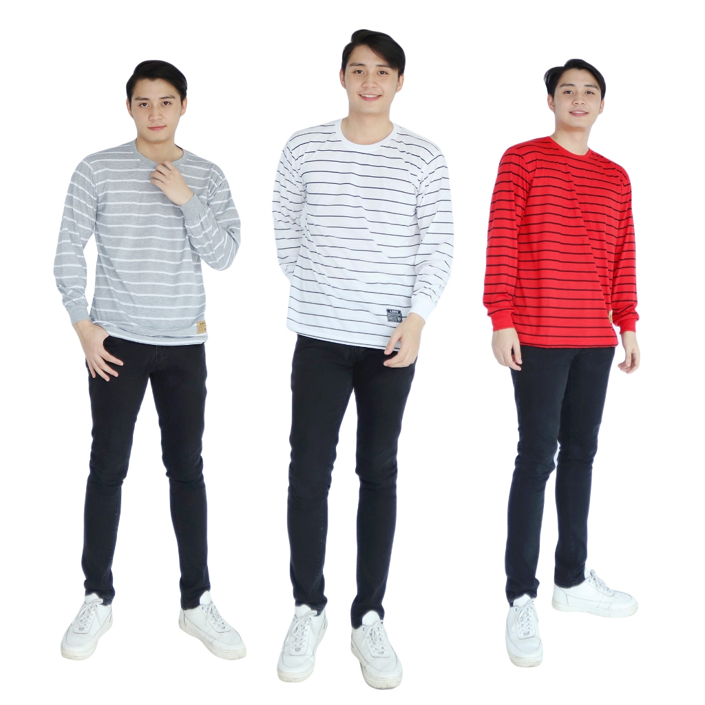 liso wear - Paket Hemat 3pcs Katun Kaos Distro Motif Stripe Garis Belang-belang Lengan Panjang Pria
