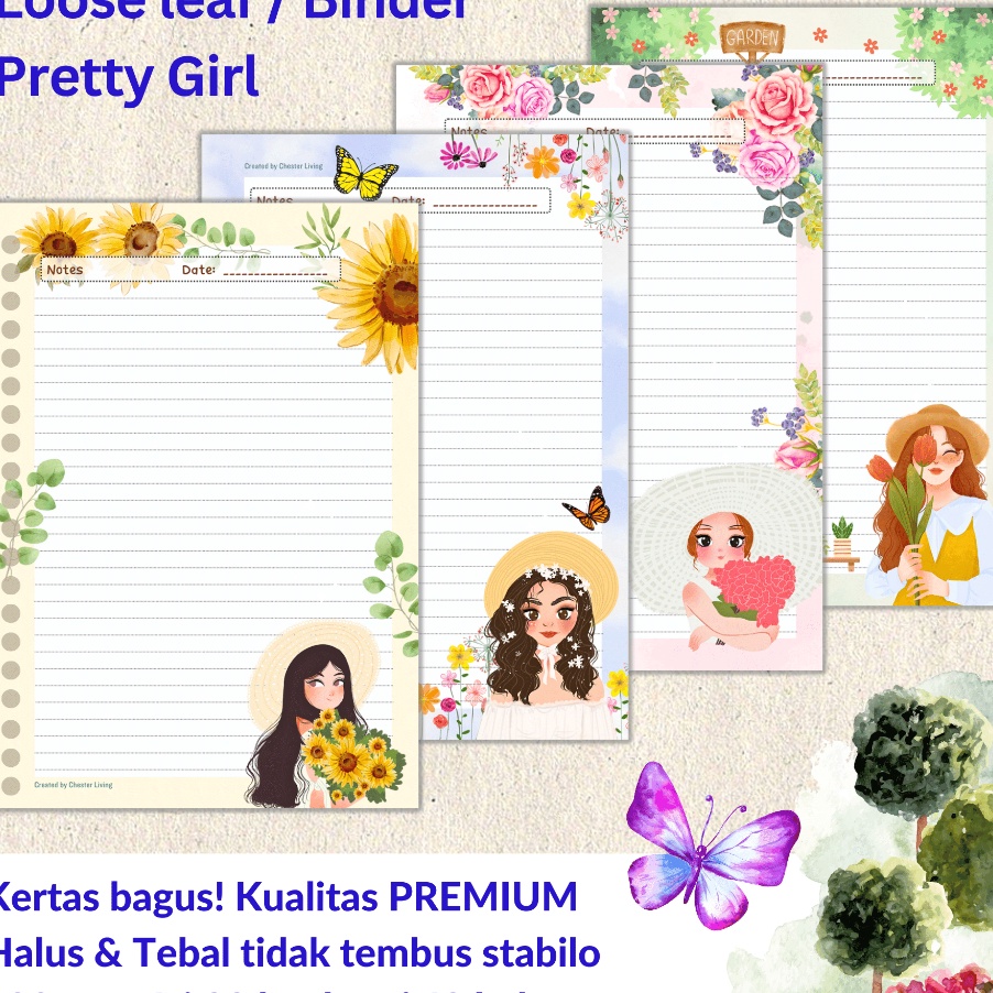 

HJ6 PRETTY GIRL Loose leaf Isi Kes File binder A5B5 Tebal Refill Map Binder Grid Dotted Blank Garis Kotak Titik Polos Color Warna Lucu CHESTER LIVING