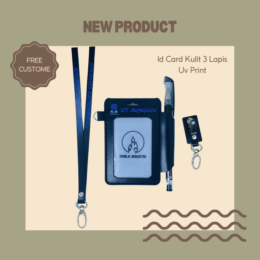

Id Card Holder Nametag Pulpen Bolpoin Lanyard Kulit Uv Print Warna Custom