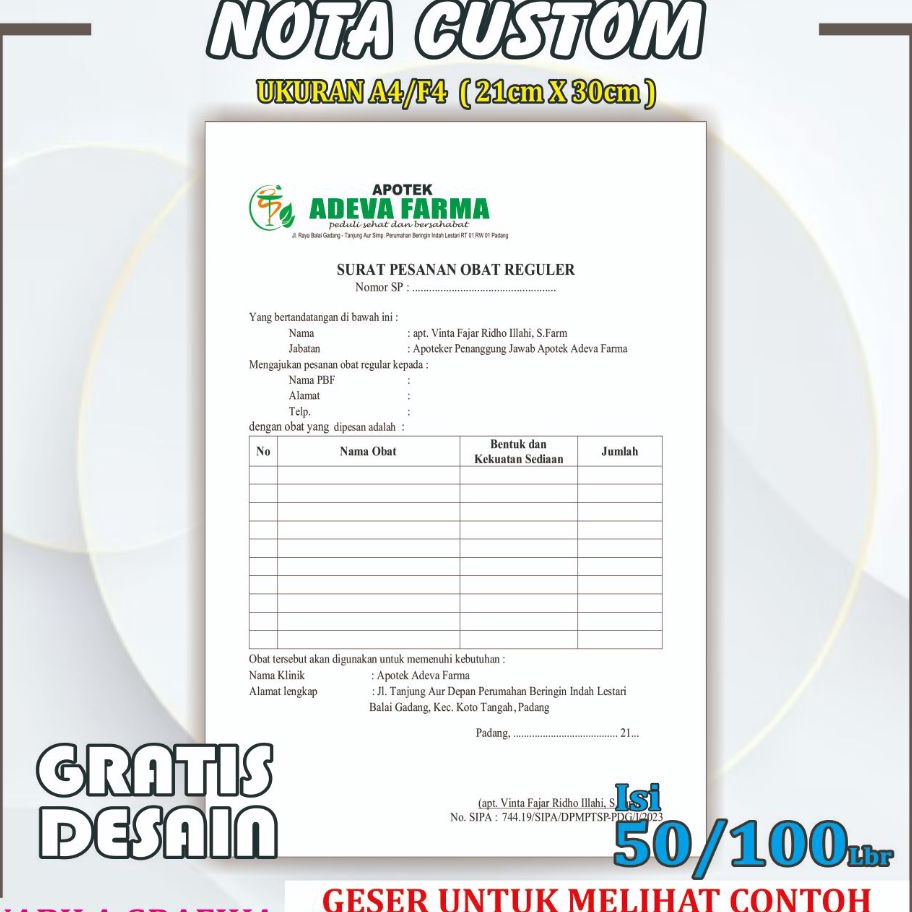 

Cepat Cetak NOTA Custom Uk A4F4 2 Rangkap Free Desain