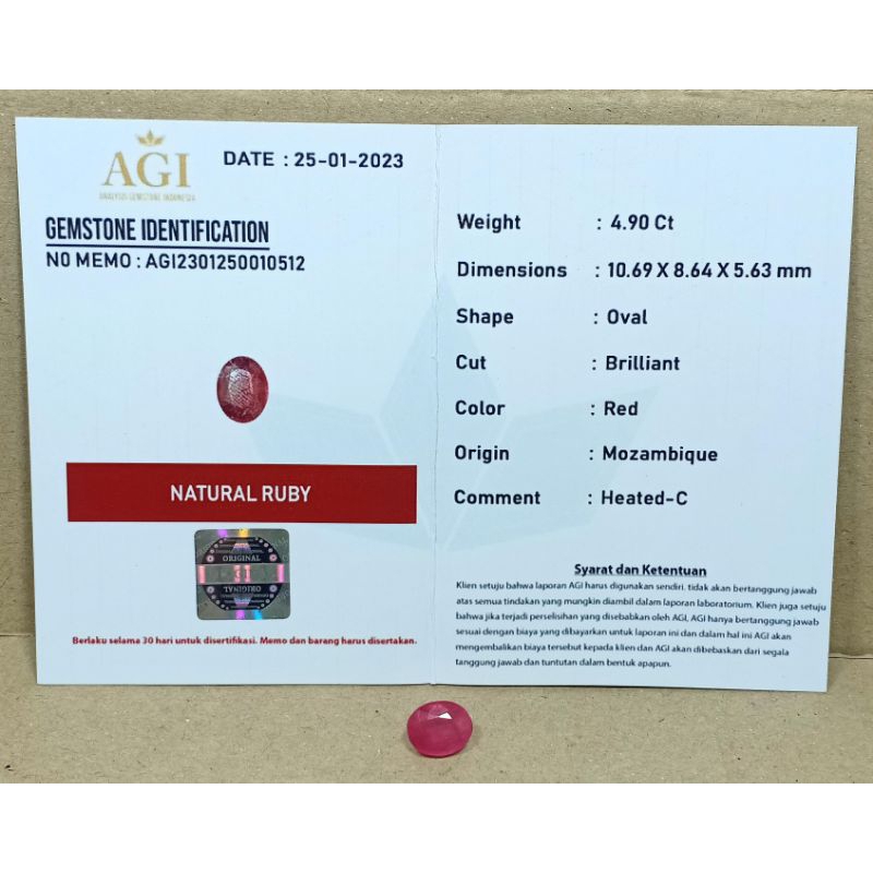 BATU PERMATA RUBY ' PIEGON ' ASLI NATURAL BERSERTIFIKAT