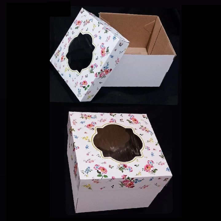 

( 5 pcs ) Box Chiffon Cake Motif Bunga Kotak Dus Shabby Putih 25x25x18 cm Packaging Kue Tart
