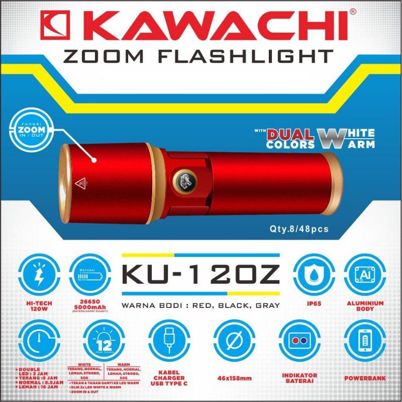 KAWACHI KU-120Z SENTER TANGAN 120W 120 WATT FLASHLIGHT LED PREMIUM BODY ALUMINIUM DUA CAHAYA DALAM 1