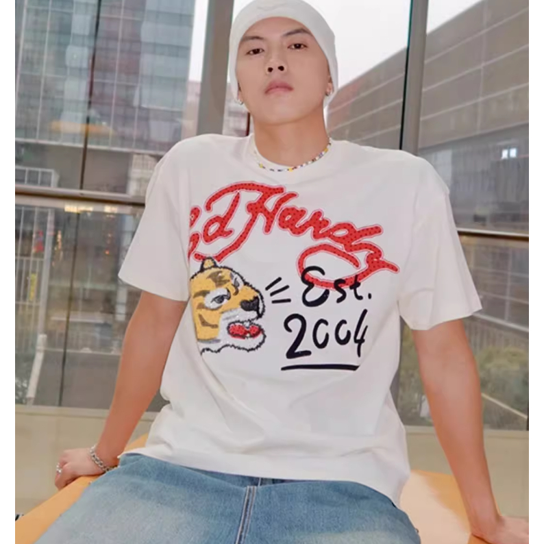 Ed Hardy White short-sleeved tiger pattern T-shirt