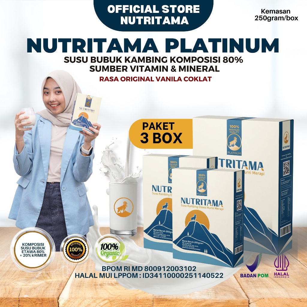 

Nutritama Paket 3 Box Susu Bubuk Etawa Premium | Susu Kambing | Susu Kambing Etawa Nutritama bukan Etawaku | Susu Nutritama kemasan 250gram
