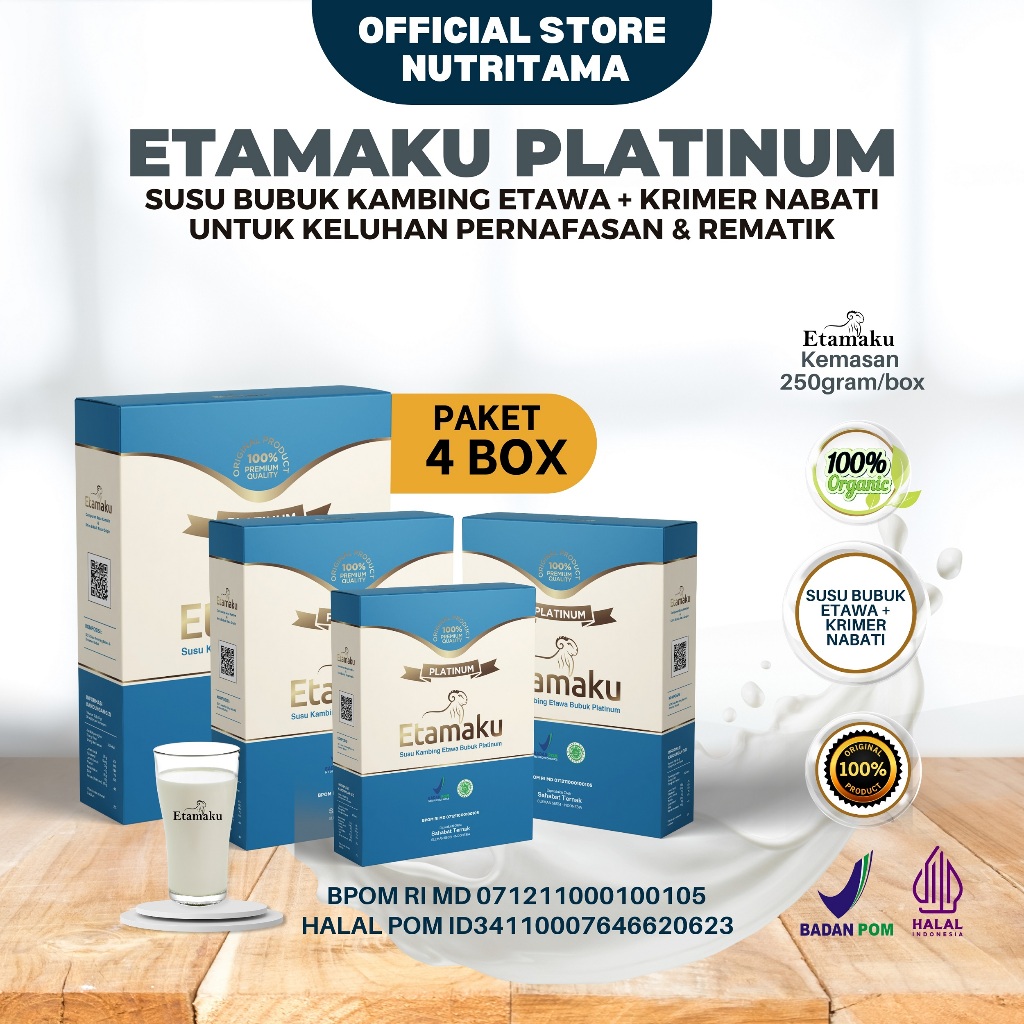 

Paket 4 Box [1kg] Etamaku Susu Kambing Etawa Premium Untuk Mengatasi Keluhan Nyeri Sendi, Pegal Linu, Rematik, Pernafasan, Pencernaan - Susu Kambing Unuk Meningkatkan Imunitas Resmi Bpom dan Halal MUI