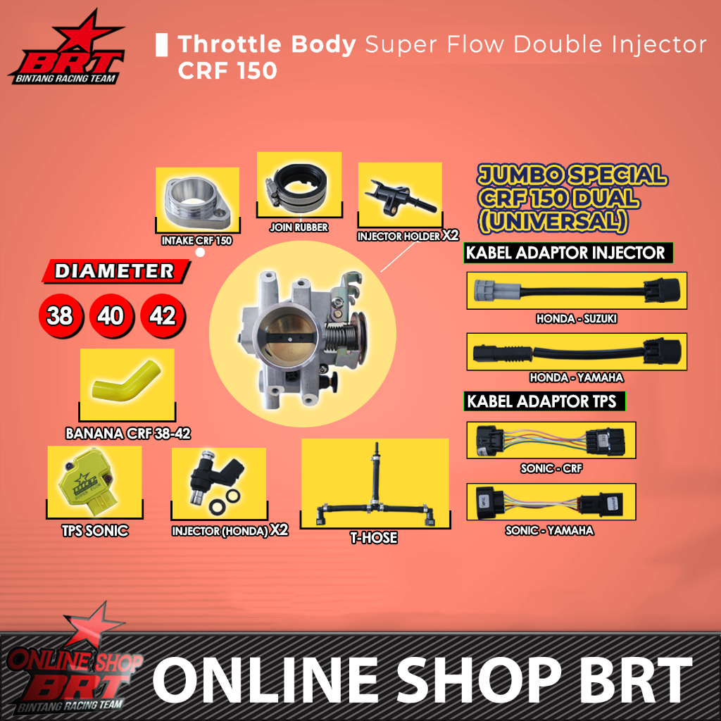 TB THROTTLE BODY SUPER FLOW BRT CRF 150 JUMBO SPECIAL DUAL DOUBLE INJECTOR UNIVERSAL