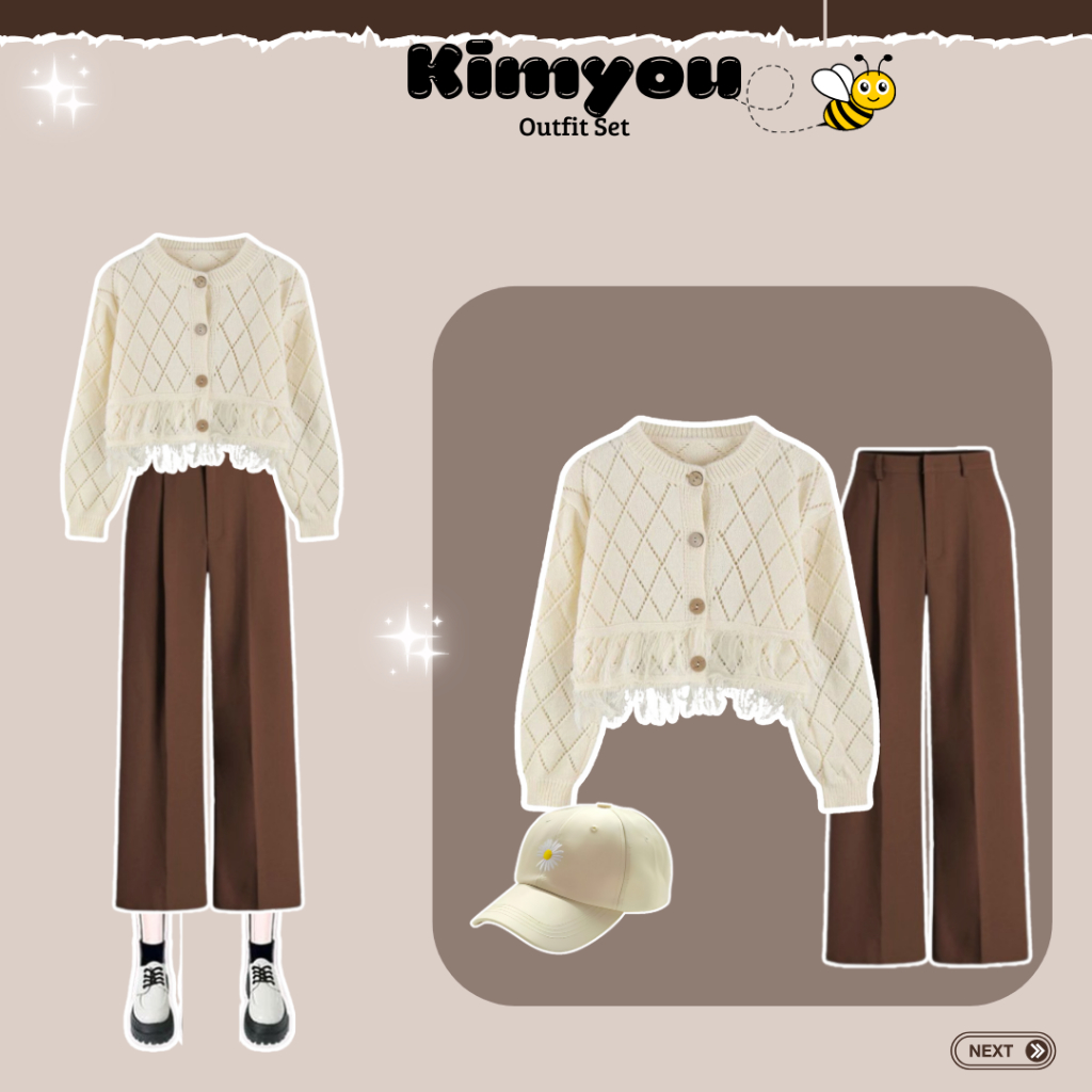 Setelan Kimyou Rajut Cream + Celana Kulot Jenie Choco + Topi Cream - OOTD Korean Style - Panjang, Ny
