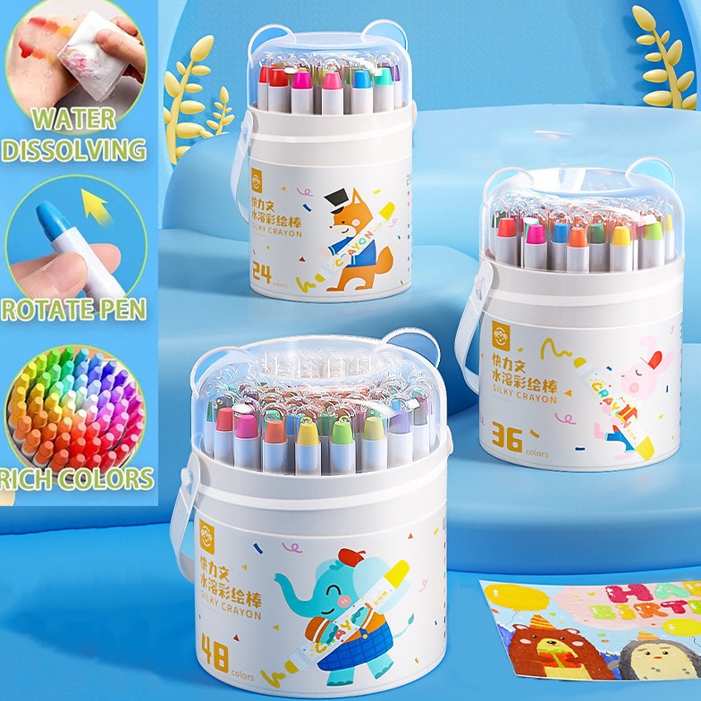 

KODE H86W Washable Silky Crayon 36 48 Warna Colorful Bucket Krayon Mewarnai Alat Warna Set Anak Wipe