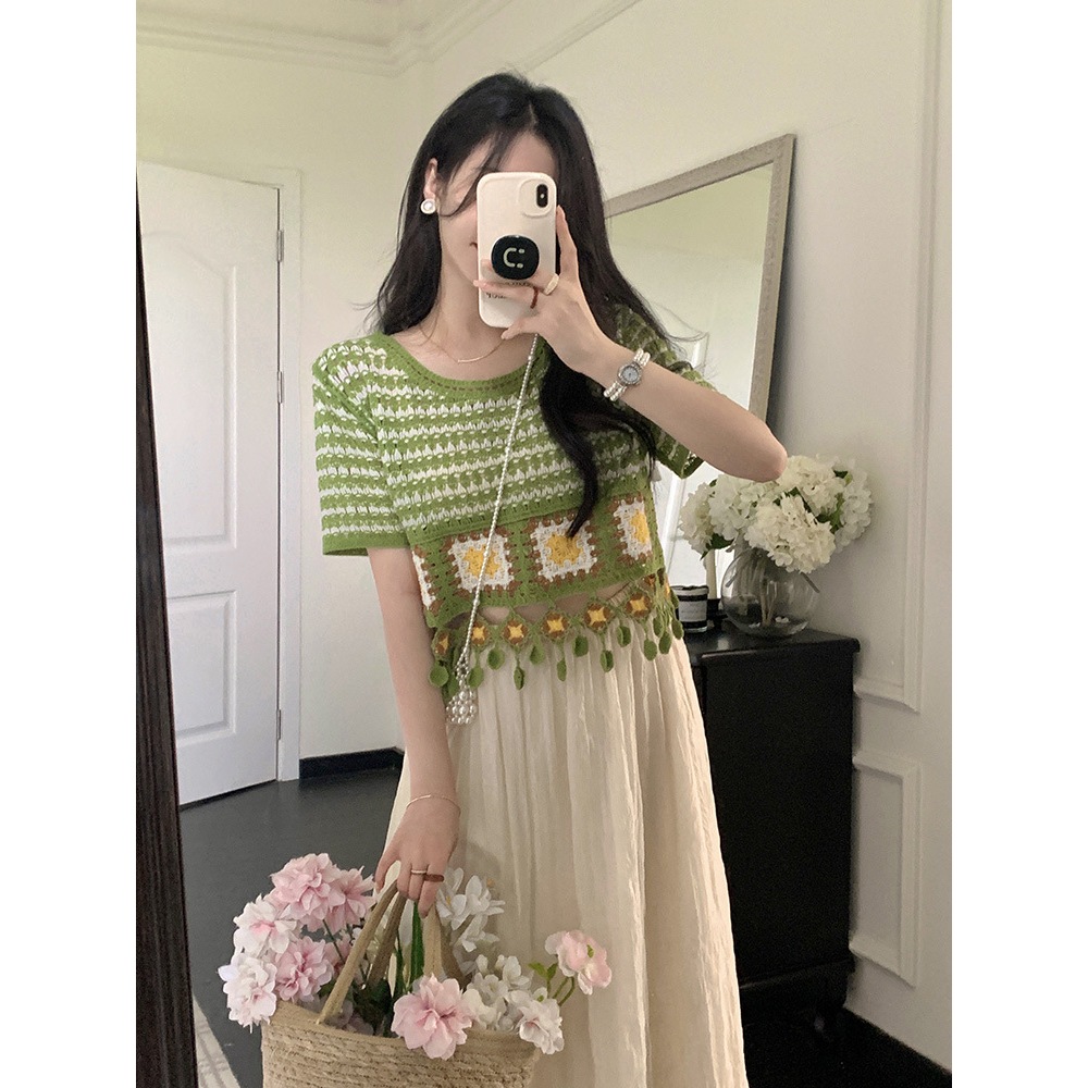 SILVIA-Baju Pantai Rajut Fashion Korea Outfit Pantai Lengan Pendek Crop Top