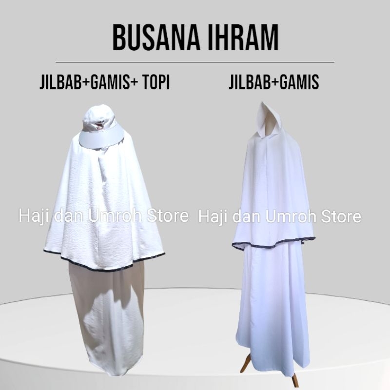 Busana Ihram Wanita / Pakaian Ihram Wanita Gamis + Jilbab + Topi (hajidanumrohstore)