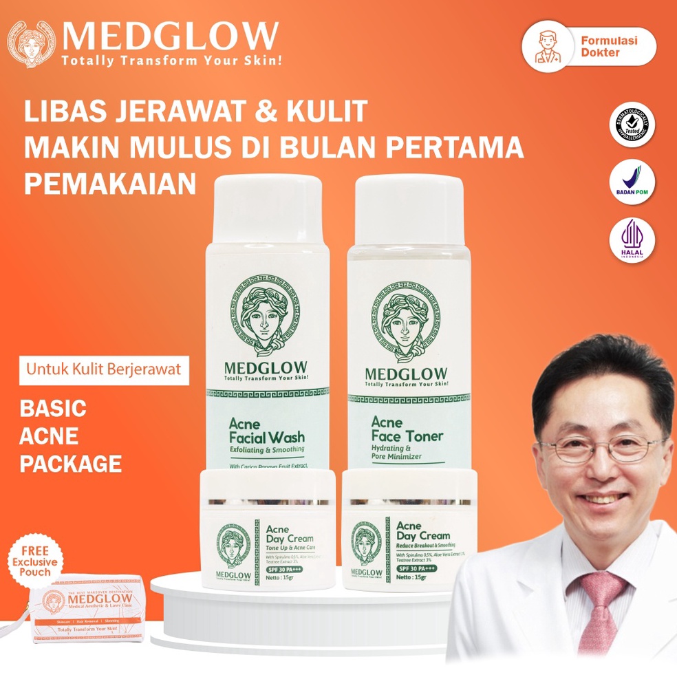 New Promote MEDGLOW CLINIC Basic Acne Package  Bonus Tas Kulit  Paket Skincare Krim Pagi Malam Dokte
