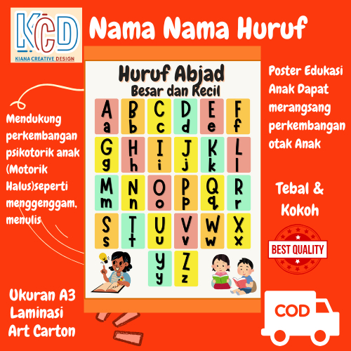 Kiana Creative Poster Anak Paud TK Sd Edukasi Belajar Huruf Abjad Alphabet (Besar Kecil) A3 Besar da