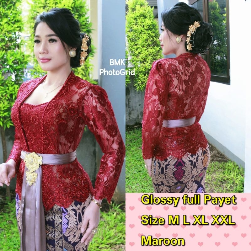 Kebaya Jadi Brokat Metalic Glossy Full Payet Warna Maroon dan Magenta