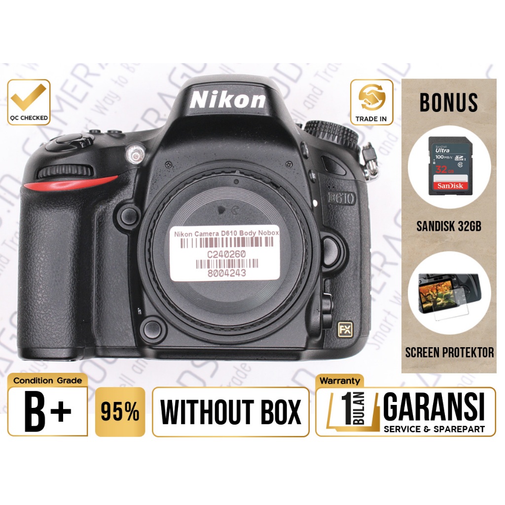 Nikon D610 DSLR Full Frame Camera Body Only - Grade B+ - C240260 Kamera Profesional Digital SLR Used