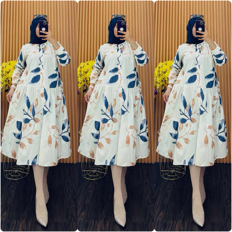 midi dress wanita katun Jepang motif premium
