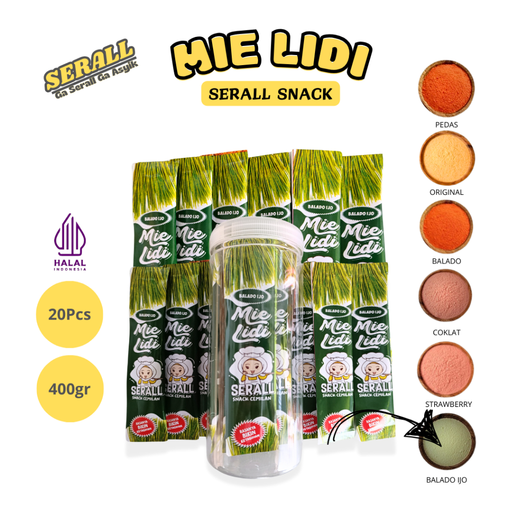 

SERALL Mie Lidi 400gr Isi 20 Pcs - Makanan Ringan (Balado Ijo)
