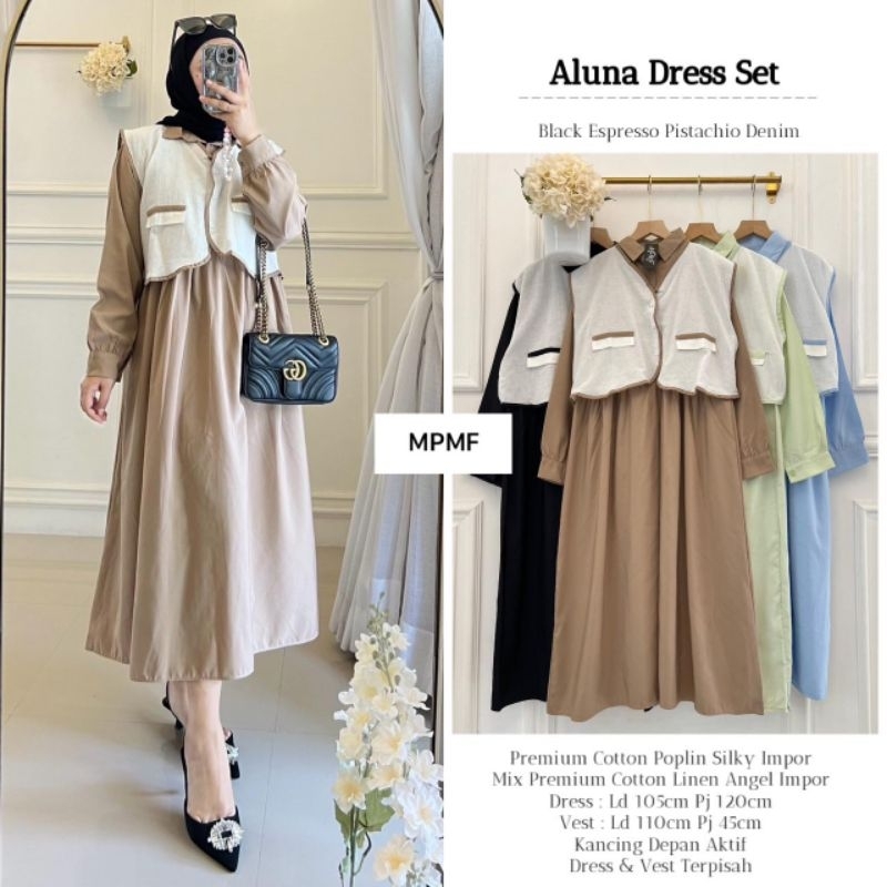 {Realpict} Aluna midi dress katun midi remaja kombinasi vest kekinian gamis cotton model terbaru 202