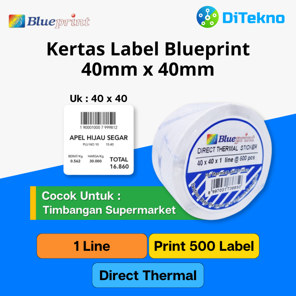 

Blueprint Barcode Direct Thermal 40x40 500 PCS 1 Line Kertas Label Stiker