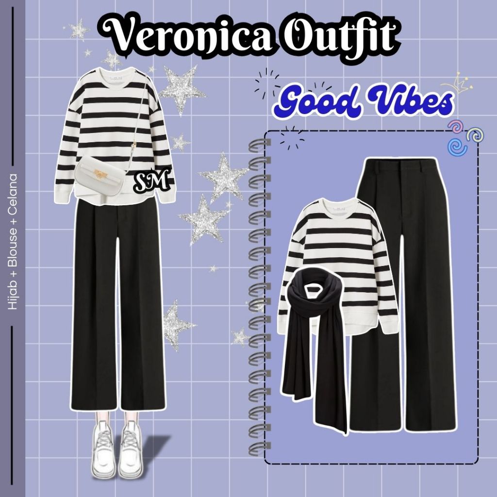 Veronica Outfit 3in1 (Hijab + Blouse + Celana) OOTD Korean Style