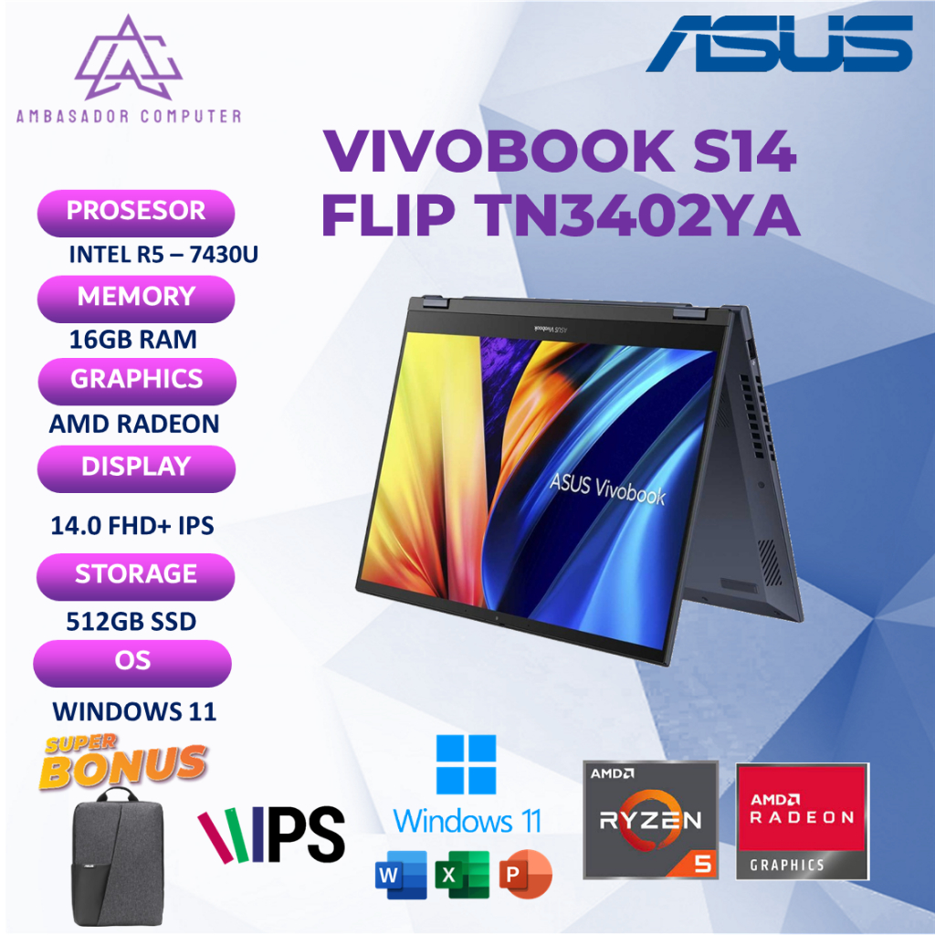Asus Vivobook S14 Flip TN3402YA Touch Ryzen 5 7430U 16GB 512GB Windows+OHS IPS