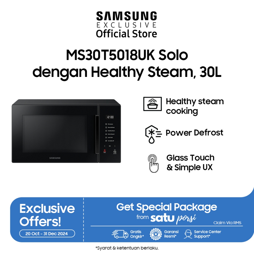 Samsung Microwave Oven Solo 30L | Healthy Steam | Glass Touch | Easy Clean Ceramic | MS30T5018UK/SE