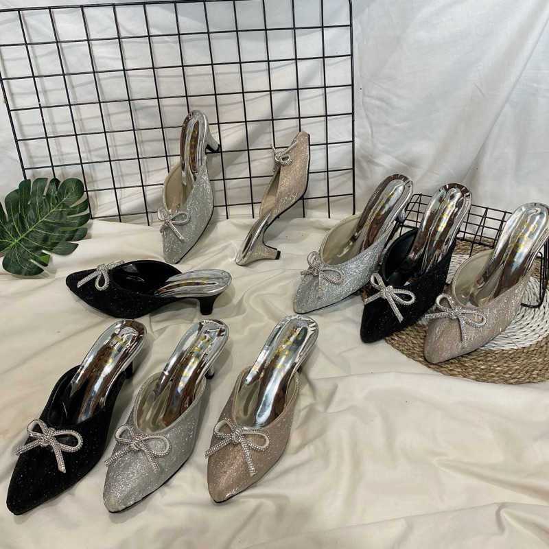Heels wanita, Heels Laily, mules wanita, mules pesta 5cm, heels pesta, gliter pita kekinian.