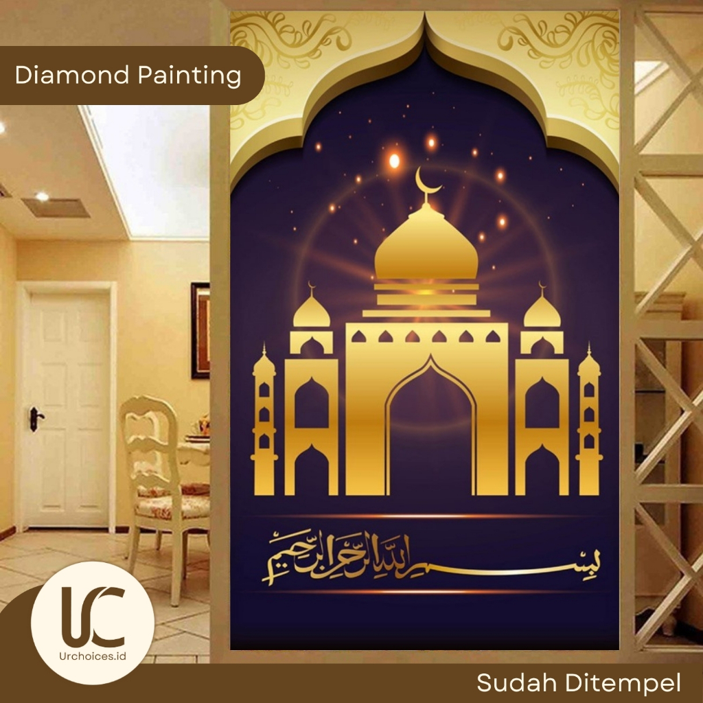 Lukisan Diamond Painting Jadi Full Kanvas Gambar Masjid dan Kaligrafi Arab