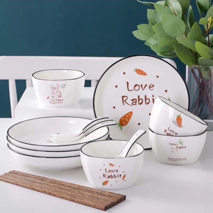 Set Makan Piring Porselen Mangkuk 8pcs Rabbit Love Kelinci Dinnerware Keramik Anak