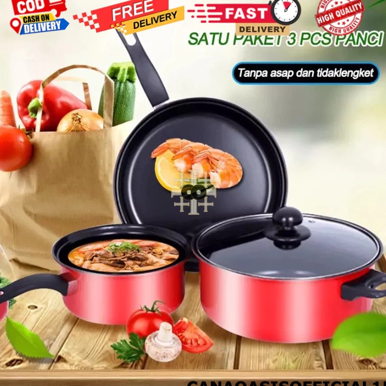 Kualitas Handal CANA PANCI TEFLON SET 3IN1 TEFLON ANTI LENGKET WAJAN ALUMINIUM SET TEFLON TUTUP KACA