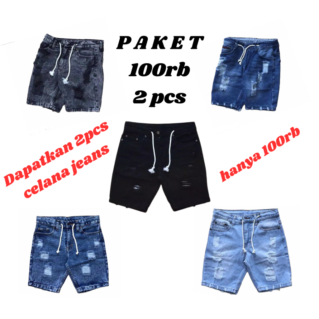 Paket celana sobek 100rb 2pcs Jeans Pria Dewasa / Celana Pendek Sobek Pria 100rb Dapat 2 Pcs / Celan