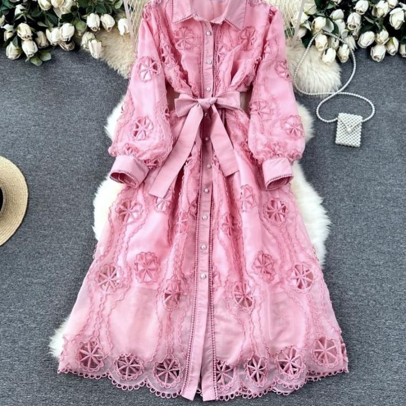 52502 Baju Mididress SARAH EMBROIDERED MIDI DRESS BORDIR ORGANZA lengan panjang dres busui Korean st