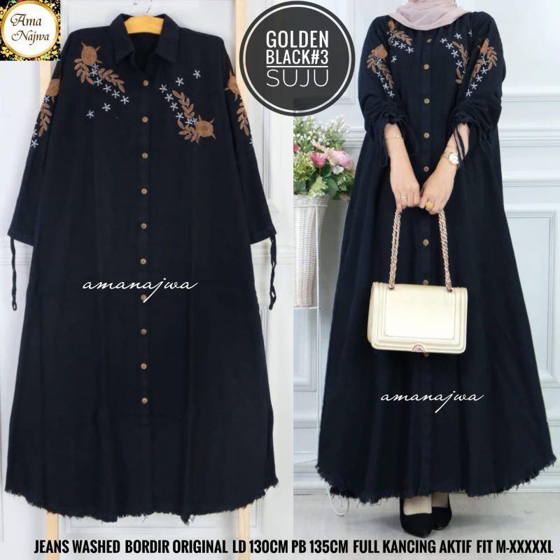 GAMIS WANITA JUMBO LD 130 CM GOLDEN#3 BLACK SUJU GAMIS JEANS BY AMANAJWA