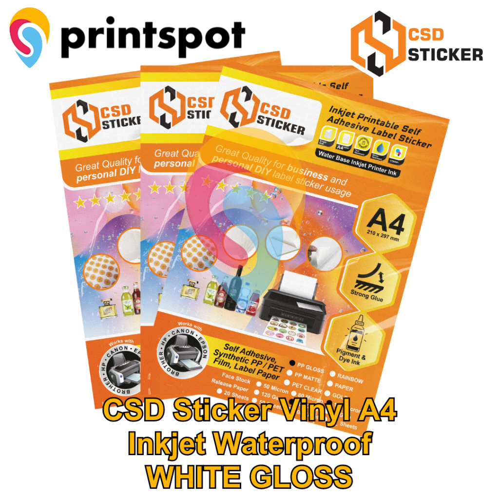 

NEW CSD Sticker Vinyl Inkjet A4 Waterproof Synthetic PET/PP Film Transparan / White Gloss/ White Matte Stiker Premium Anti Air Repack 50