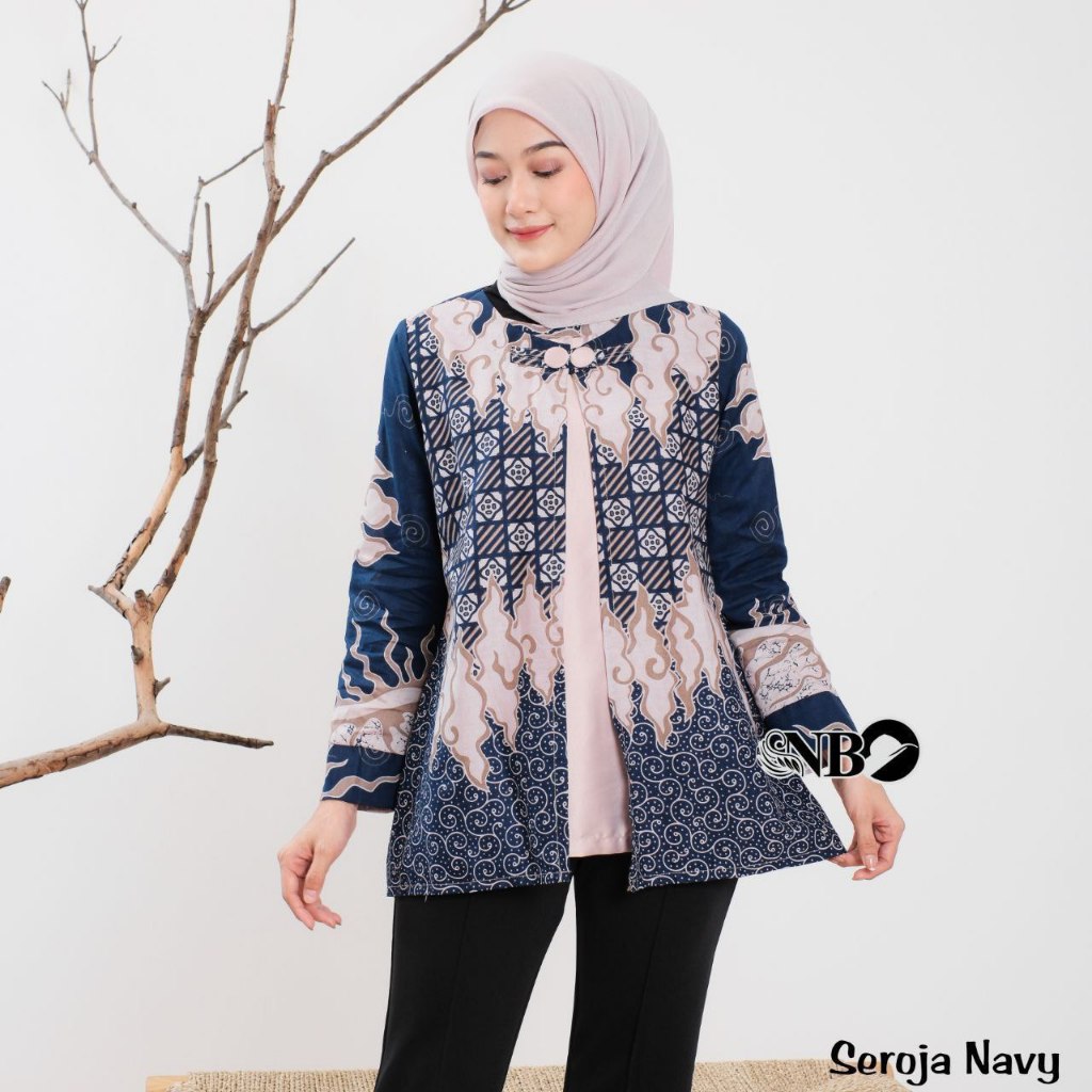 BLOUSE BATIK WANITA MOTIF SEROJA NAVY