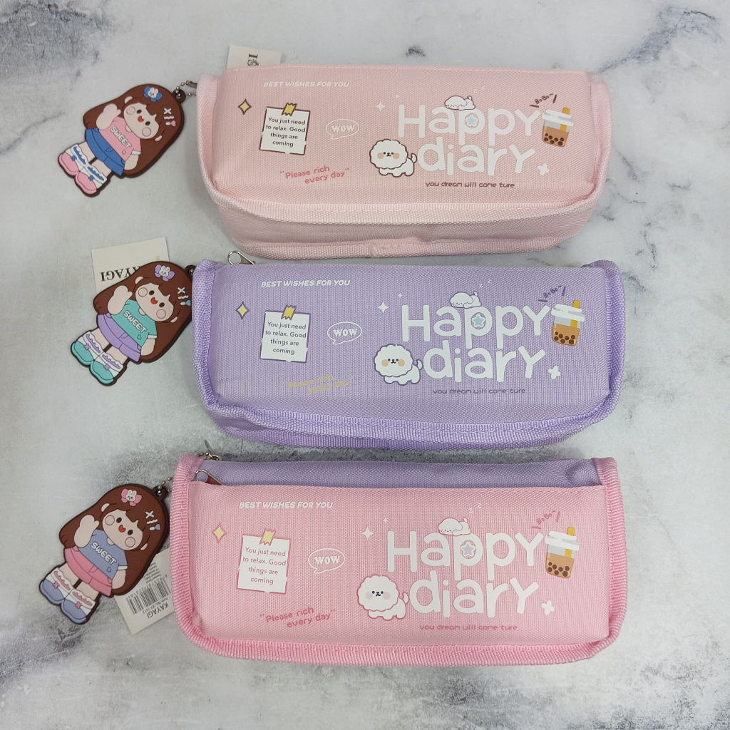 

[ OS ] Tempat Pensil Kain Jumbo Besar Bahan Tebal Premium Free Gantungan Kunci / Kotak Pensil HAPPY DIARY