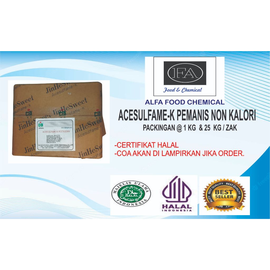 

ACESULFAME-K FOOD GRADE / PEMANIS BUATAN 200 KALI KEMANISAN /PACKINGAN 1 KG DAN 25 KG BERSERTIFIKAT HALAL MUI