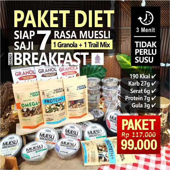 

PAKET DIET Rendah Kalori Tinggi Serat & Protein 7 Muesli Granola Trail Mix SAVIOR SNACK 640gr