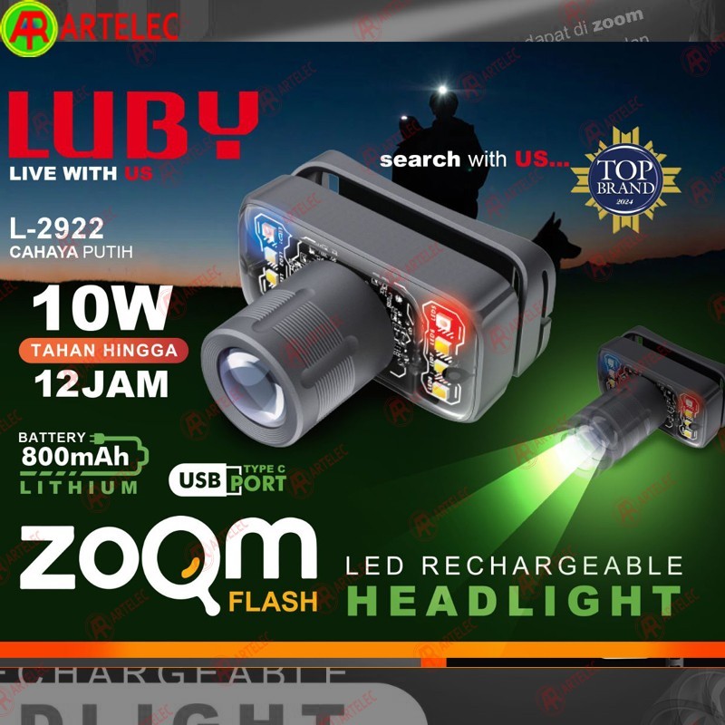LUBY laser led 10 watt 12 jam type C senter kepala led Zoom Headlamp L-2922L hiking headlight